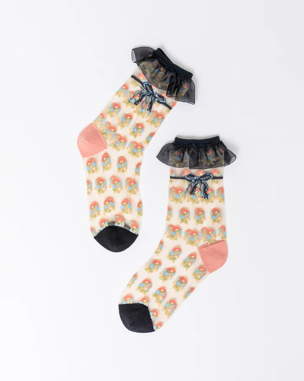 SOCK CANDY Repeat Floral Ruffle Sheer Crew Sock