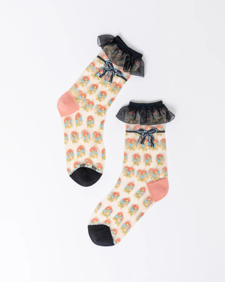 SOCK CANDY Repeat Floral Ruffle Sheer Crew Sock