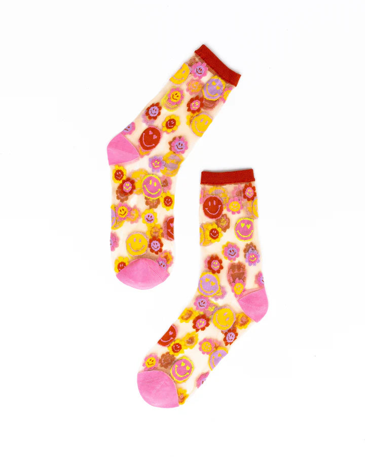 SOCK CANDY Smiley Face Daisy Sheer Crew Sock