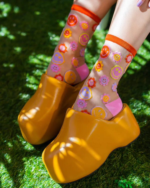 SOCK CANDY Smiley Face Daisy Sheer Crew Sock