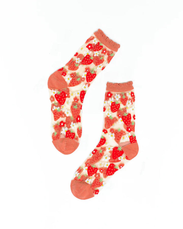 Sheer fashion socks with strawberries and daises all over