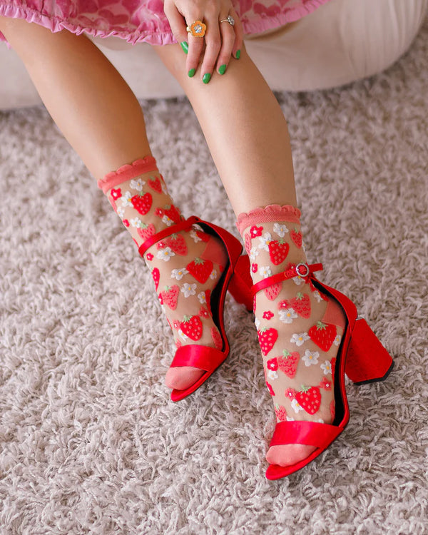 Sheer fashion socks with strawberries and daises all over 