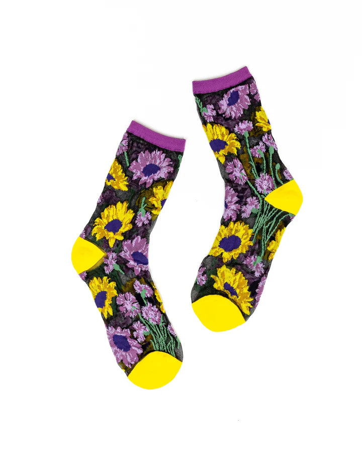 SOCK CANDY Mixed Sunflowers Black Sheer Crew Sock