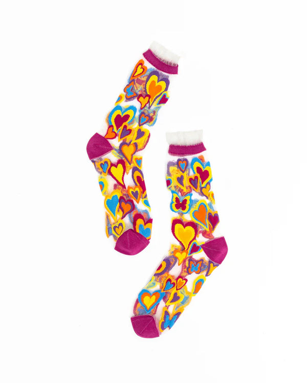 SOCK CANDY Y2K Hearts Ruffle Sheer Crew Sock