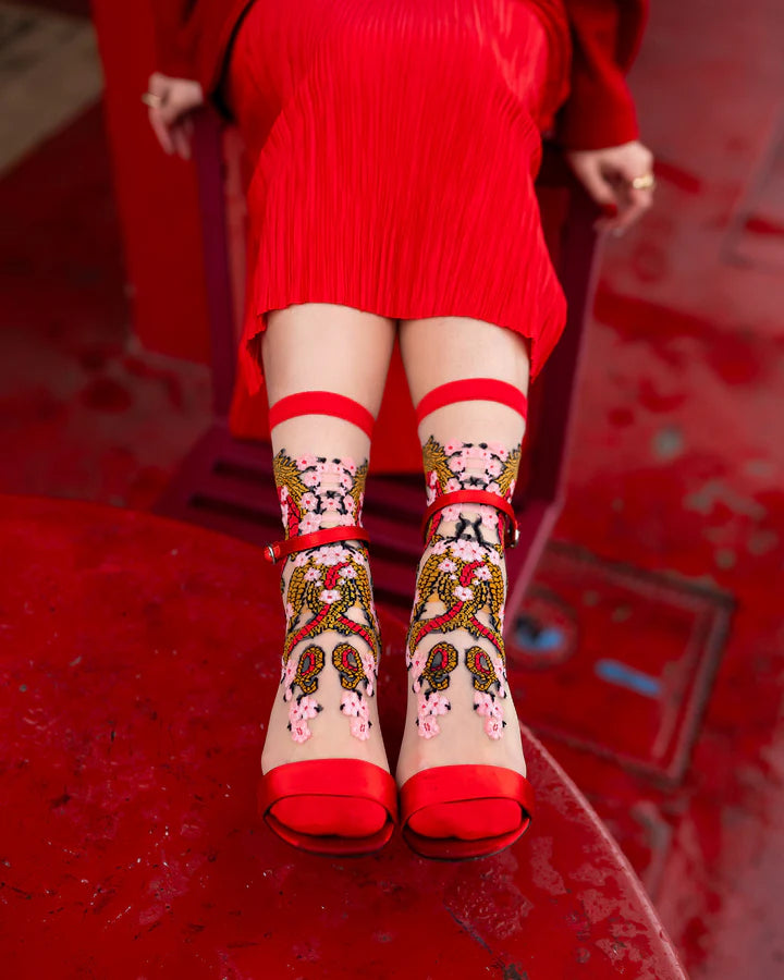 Sheer fashion socks with embroidered dragon and flowers all over