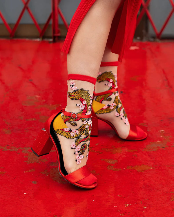 Sheer fashion socks with embroidered dragon and flowers all over 