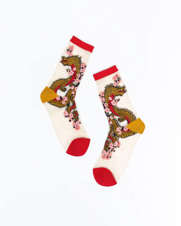 Sheer fashion socks with embroidered dragon and flowers all over