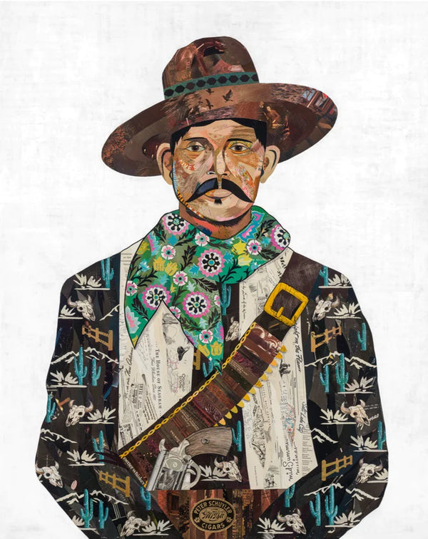Archival giclee print of original Sonoran Ranger cowboy paper collage artwork. This paper print depicts a cowboy with cactus and skull print shirt, cowboy hat and colorful print bandana. Fine art print available framed or unframed in standard 16 x 20 or larger. Shown with companion print Dragonfly Daredevil.