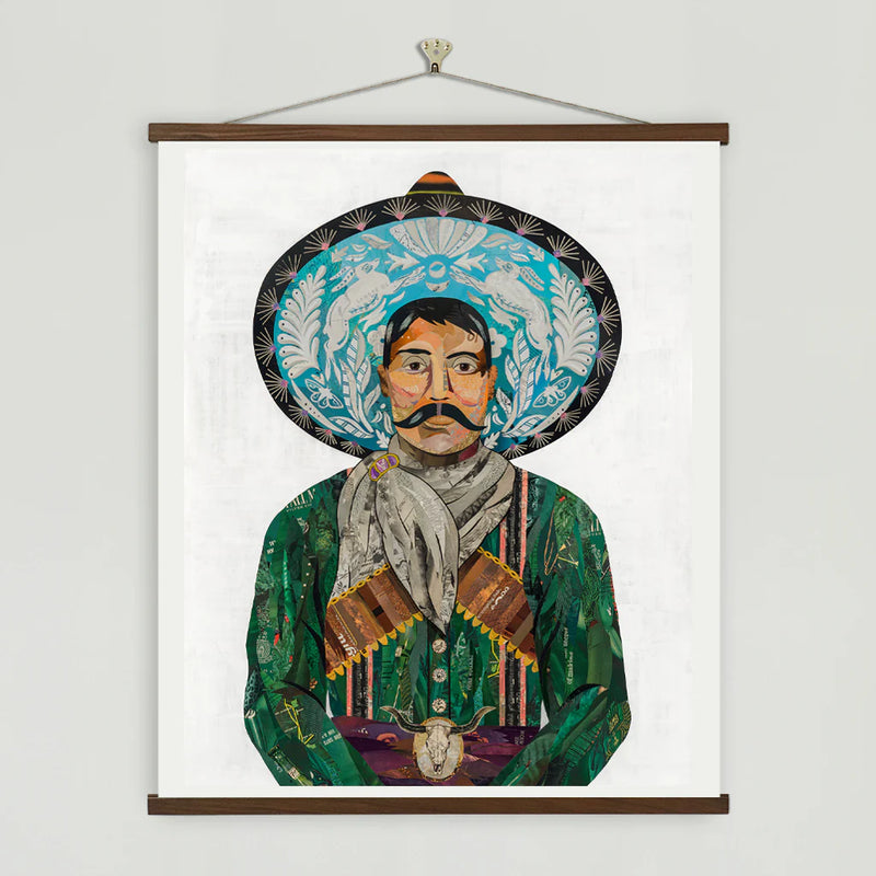Archival reproduction of original Charro paper collage artwork featuring a charro/cowboy with large jackrabbit sombrero hat and emerald shirt. 