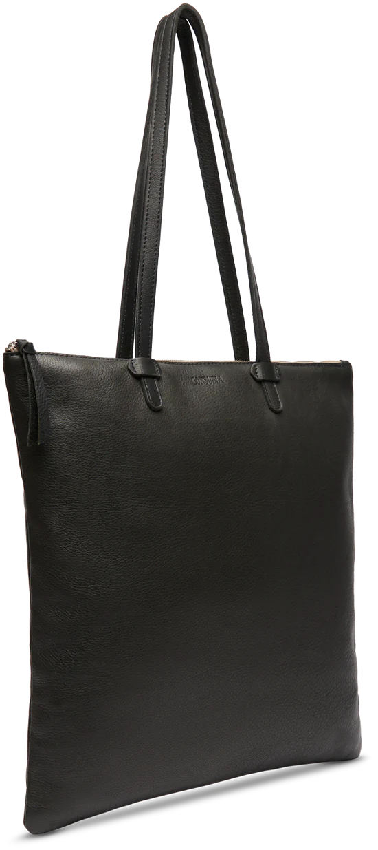 Black leather tote purse with zipper closure