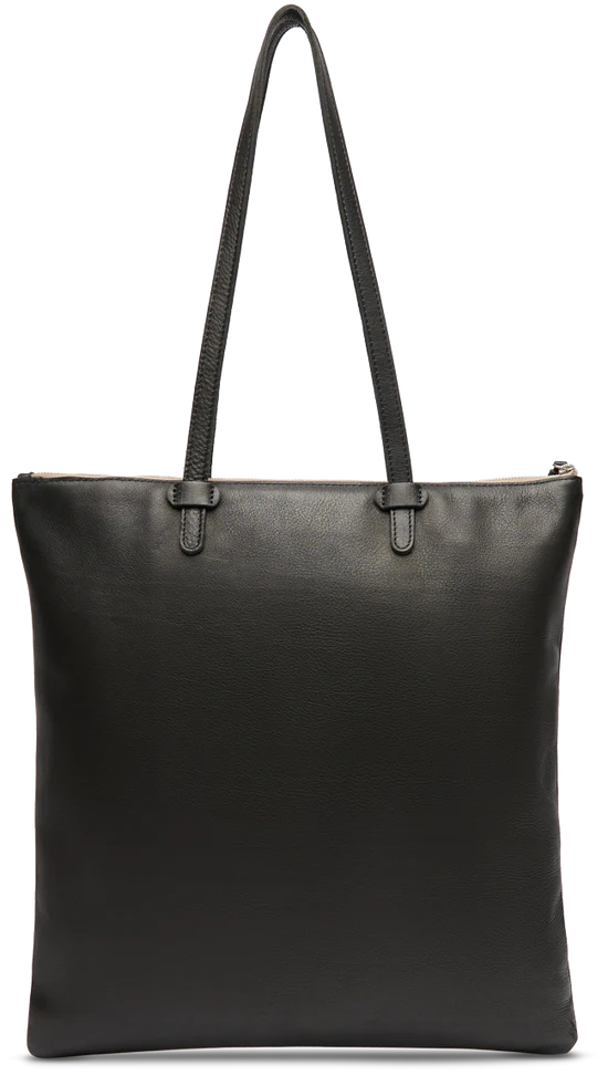 Black leather tote purse with zipper closure
