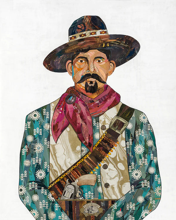 Archival reproduction of original The Prospector paper collage featuring a cowboy sporting a rich burgundy bandana and unique southwest sun-print western shirt, topped with a metallic gold vest.