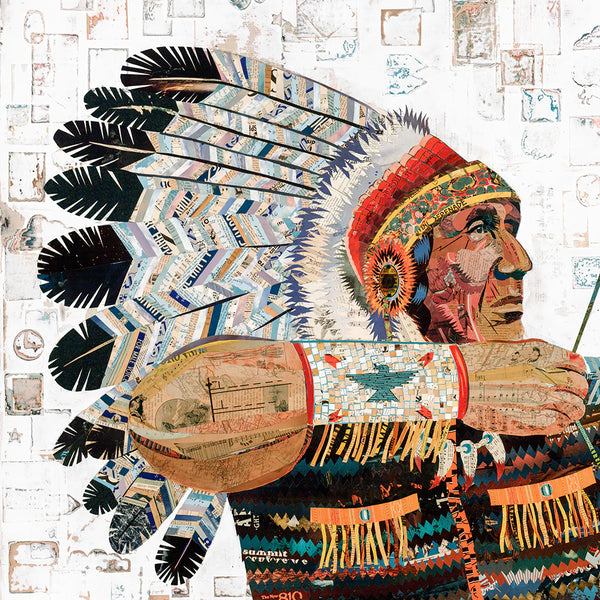 A special limited edition art print series of the original Battle paper collage. Collage print of Native American holding bow and arrow with intricate, colorful background