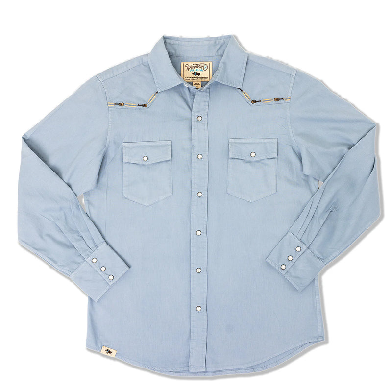 Light blue denim shirt with a brand label on a white background