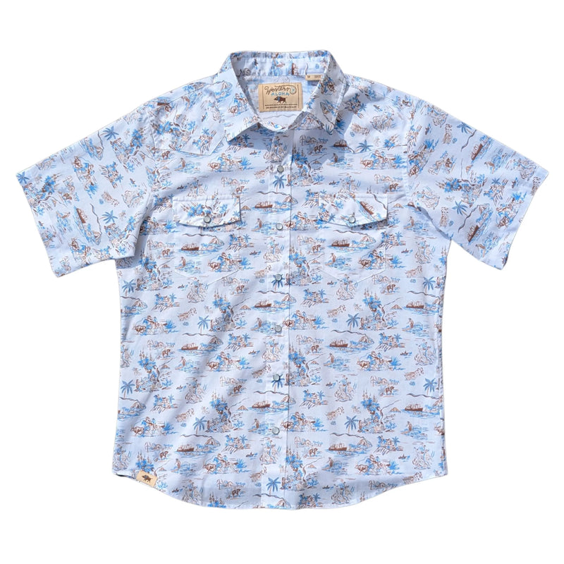 Short-sleeve shirt with a blue and white pattern on a white background