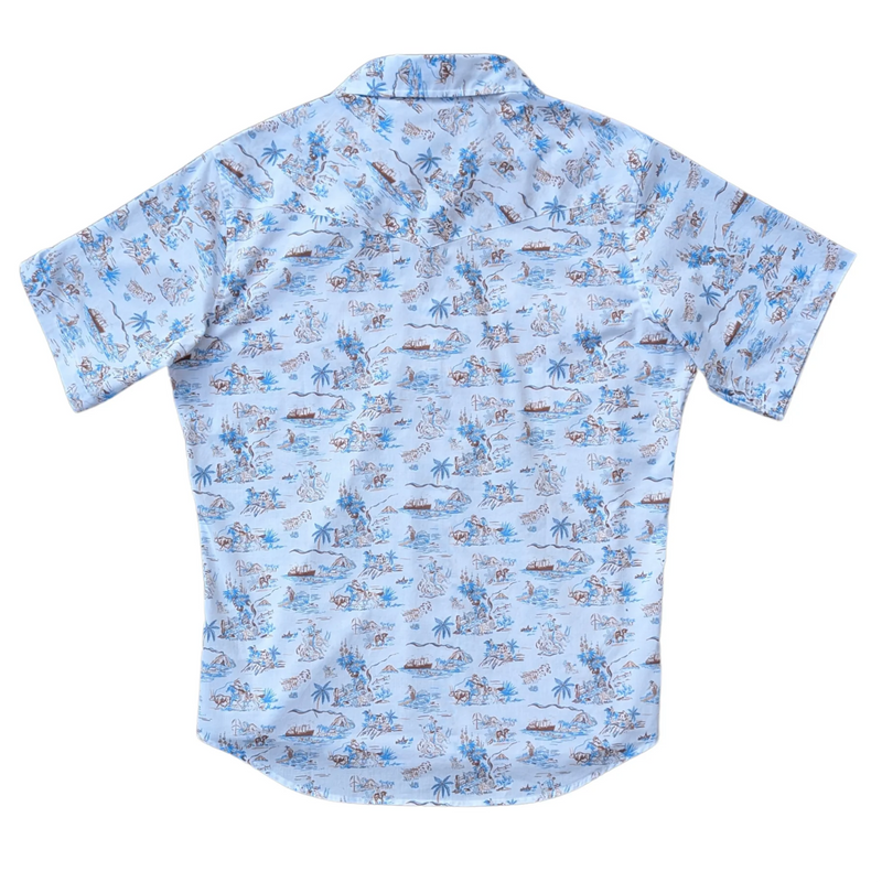 Light blue shirt with a pattern of small images on a white background