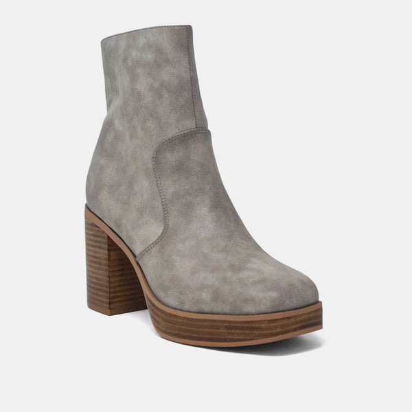 grey faux leather ladies ankle boot, right foot with toe facing right 45 degrees
