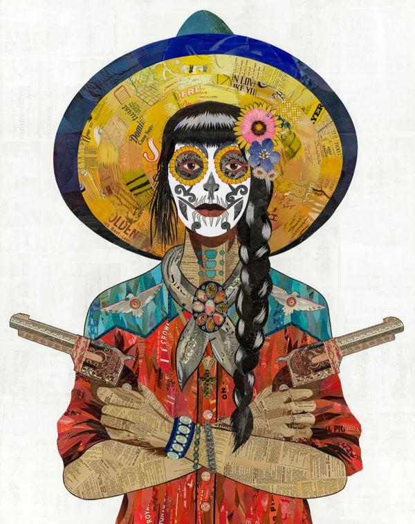 Giclee print of THE original paper collage artwork in the Vaquera cowgirl series. Day of the Dead/Dia de los Muertos woman in Southwestern reds, turquoises, and mustard yellows.