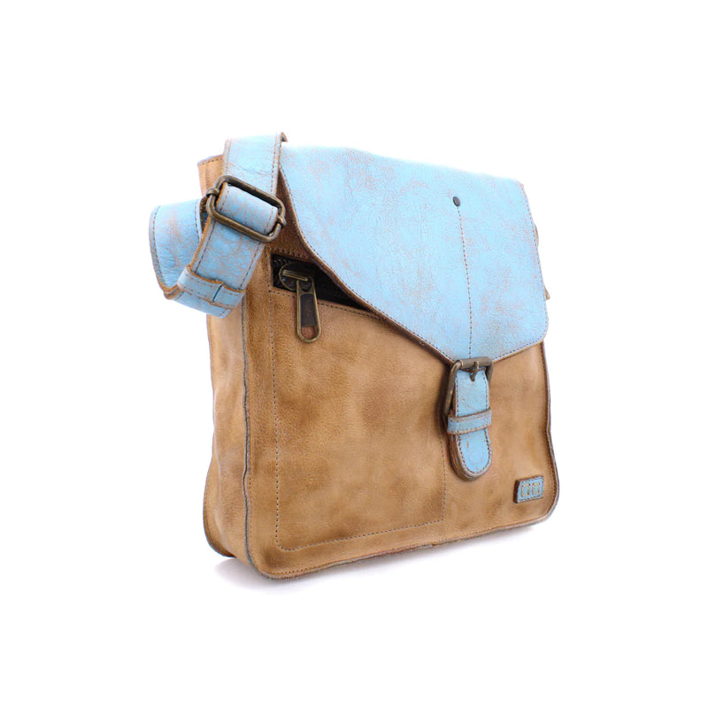 Leather envelope bag with asymmetrical buckle with crossbody. Comes in a blue and tan colorway
