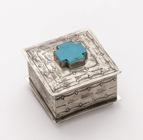 J ALEXANDER SQUARE STAMPED BOX WITH TURQUOISE CROSS