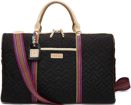 BLACK QUILTED DUFFLE BAG WITH TAN HANDLE AND MULTICOLOR CROSSBODY STRAP