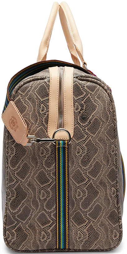 SNAKE PRINT WEEKENDER LUGGAGE BAG WITH TAN LEATHER HANDLE AND ACCENTS WITH MULTICOLOR CROSSBODY STRAP