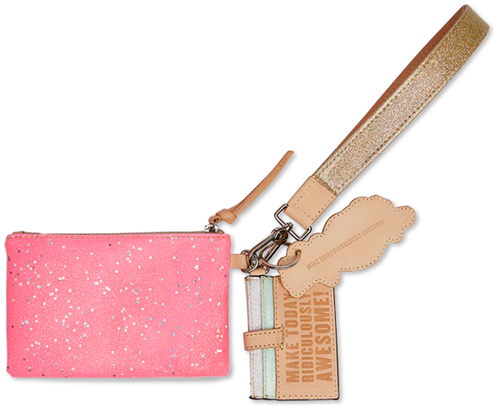 Pink wristlet with metallic silver star glitter all over with attached car holder, wrist strap and keychain displaying mouth biting a rose