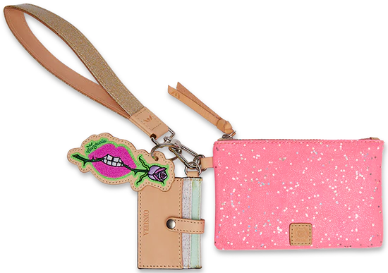 Pink wristlet with metallic silver star glitter all over with attached car holder, wrist strap and keychain displaying mouth biting a rose
