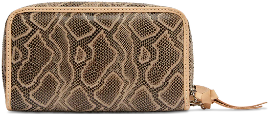 Snake print wallet with tan leather wristlet strap