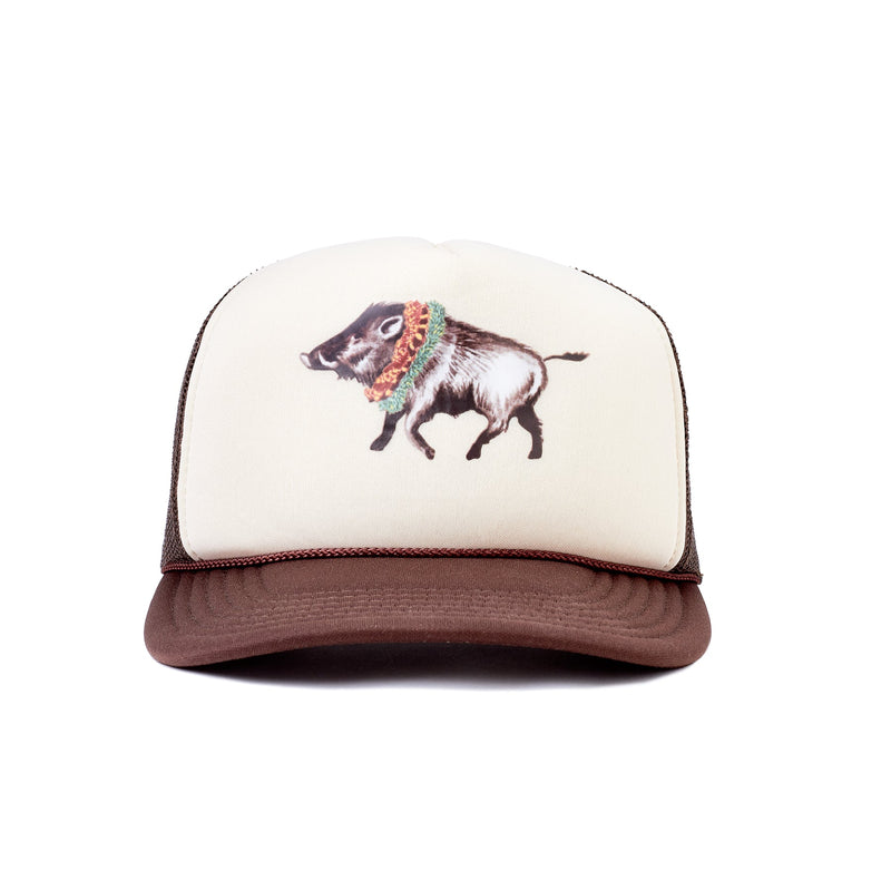 Trucker hat with a boar design on a white background