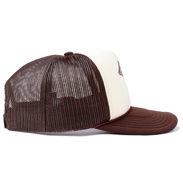 Brown and white trucker cap on a white background