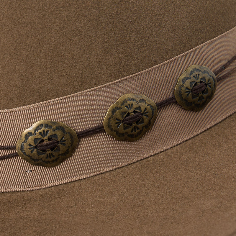 Close-up of decorative buttons on a brown fabric background