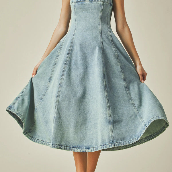juana high low denim dress Alice + Olivia Juana Halter Neck High Low Denim Dress