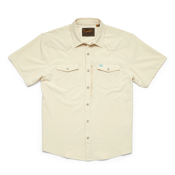 Short sleeve cream button front shirt with double breast pockets with button closures 