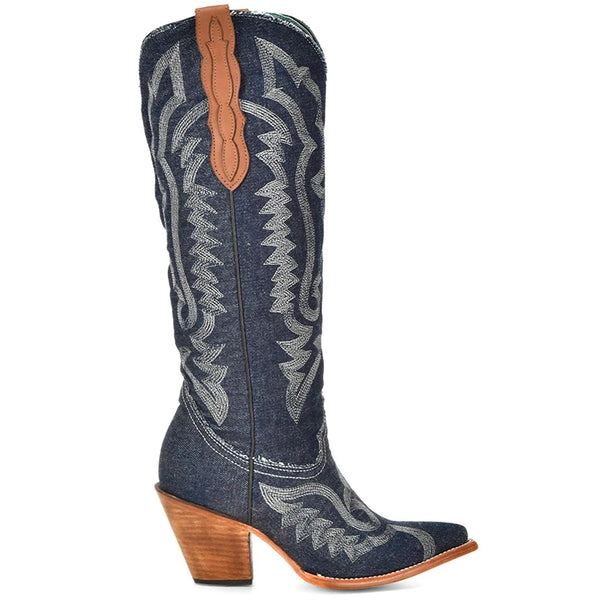 Tall denim boot with white embroidery and fashion heel with leather pull straps