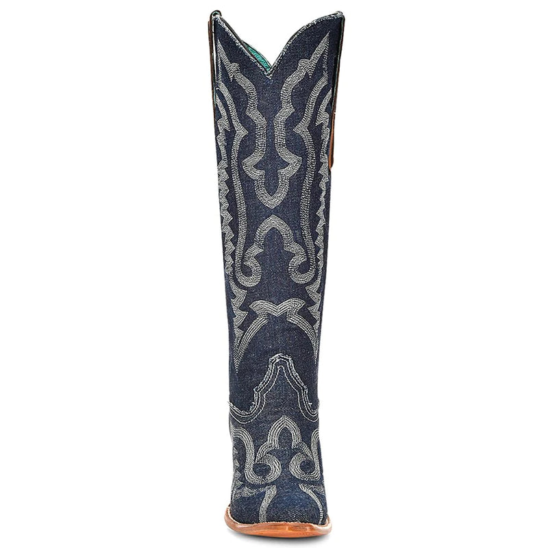Tall denim boot with white embroidery and fashion heel with leather pull straps