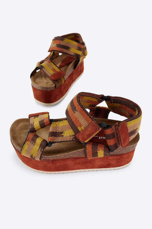 CHUNKY PLATFORM SANDAL WITH THICK STRAPS IN A GREEN, TAN AND BROWN COLORWAY