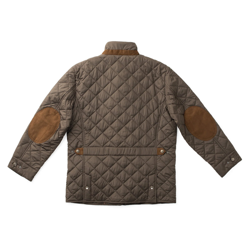 Quilted jacket with brown elbow patches on a white background