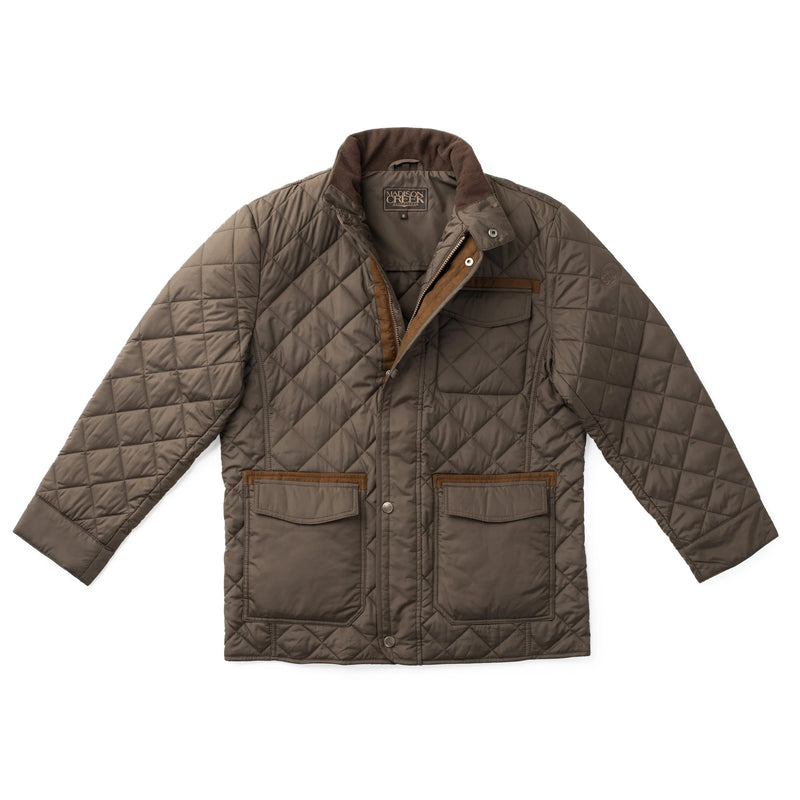 Quilted jacket with brown accents on a white background