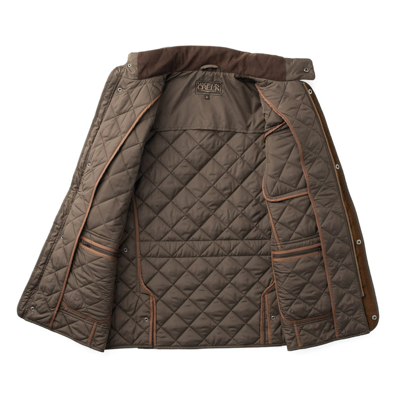 Quilted brown jacket on a white background