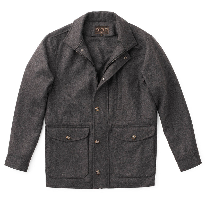 Gray jacket with button details on a white background