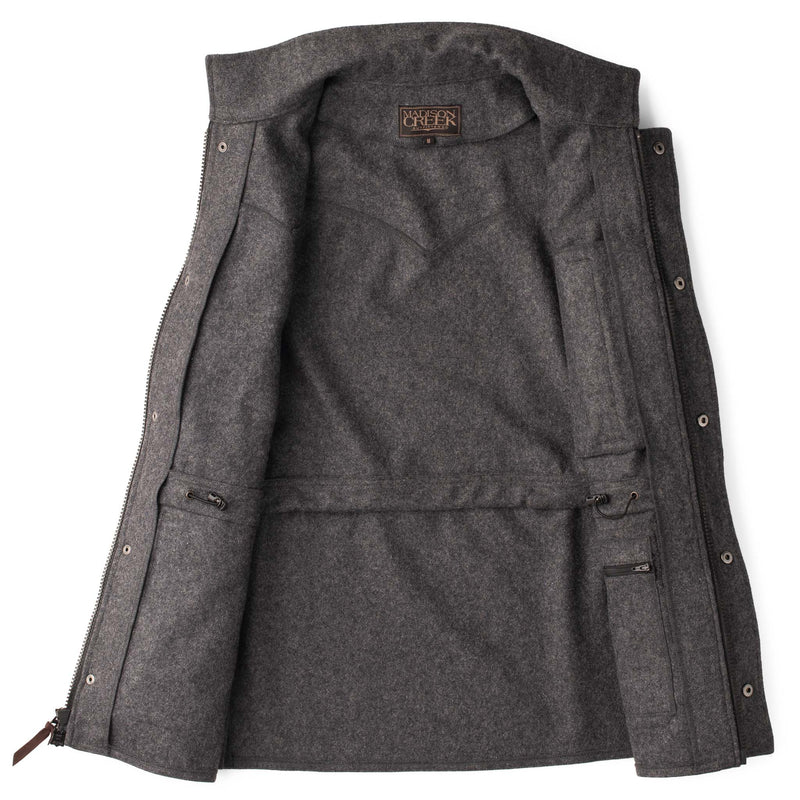 Gray vest with a brand logo on a white background