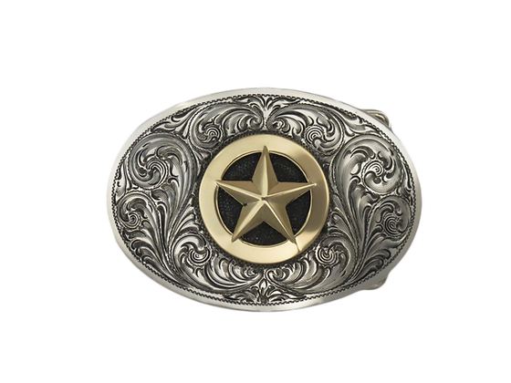 Sterling Silver&nbsp;Shape A Oval buckle with 14 K gold ranger star accent, antique finish