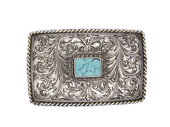 Sterling Silver&nbsp;Shape I Rectangle Buckle roped turquoise accent w/ rope edge, antique finish