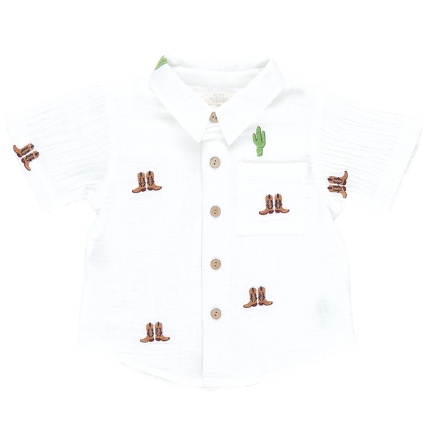 Kids white button down short sleeve shirt with embroidered boots and cactus all over