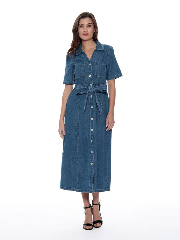 Woman wearing denim midi dress with button front and matching belt