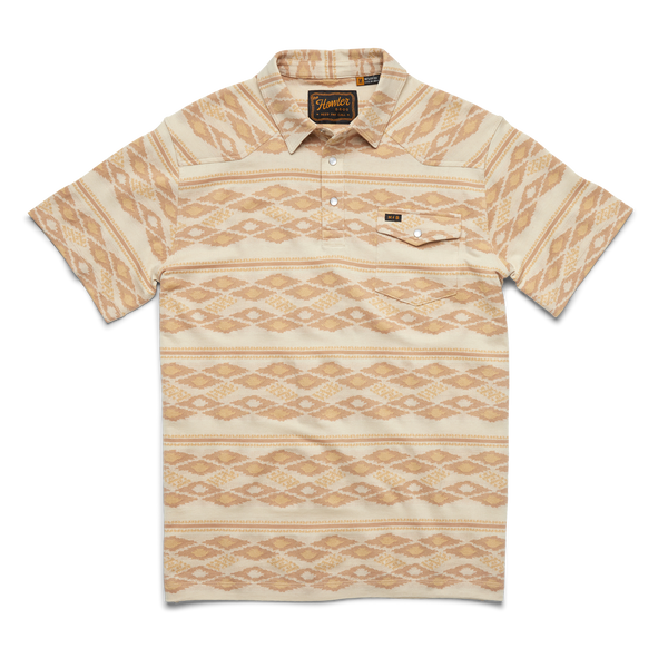 Tan polo shirt with darker tan and orange tribal pattern all over