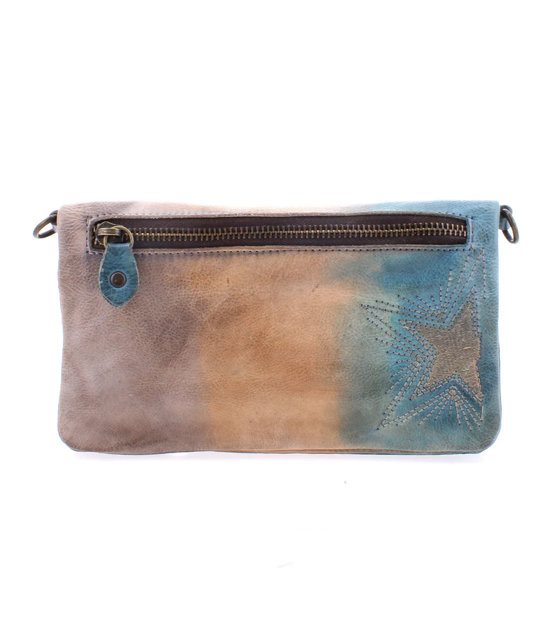 Leather purse dyed blue, tan and purple with embroidered star on the side