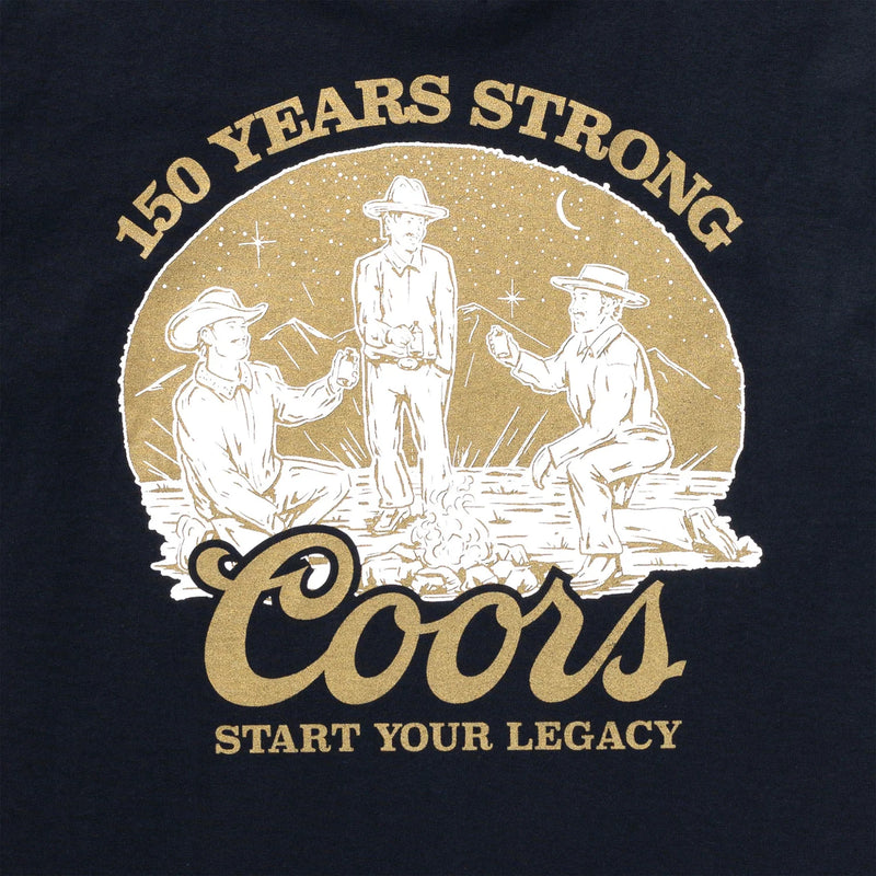Navy short sleeve t-shirt with graphic of cowboys around the campfire and script "150 years strong" about graphic and script "Coors start your legacy" below the graphic. This is the back of the shirt.