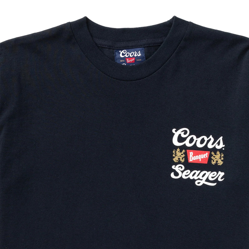 Short sleeve navy shirt with script "Coors Banquet Seager" on top right portion of the shirt. This is an image of the front of the shirt.